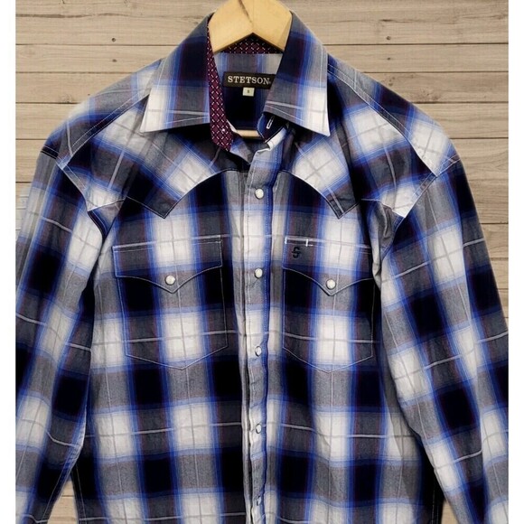 Stetson Western Shirt Ombre Plaid Blue Red Black Model 11-001-0478-1032 Men's S - Picture 2 of 14
